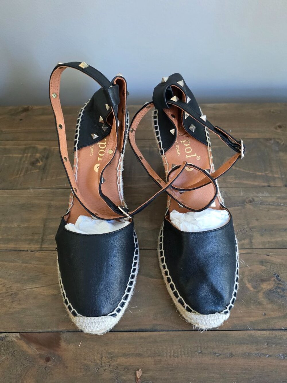 Maypol Black Leather Studded Ankle Strap Espadrille Wedge Sandals Made in Spain